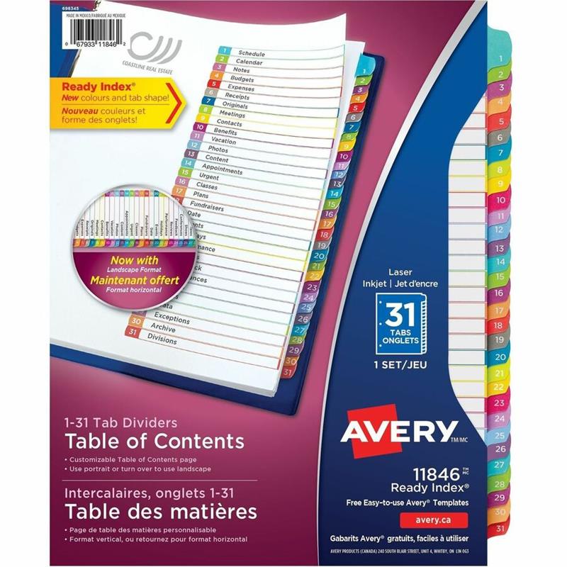 Image Intercalaires de table des matières personnalisables Ready Index®